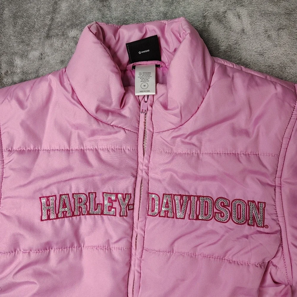 Harley-Davidson Puffer Jacket Kids Size M Pink Rhinestone Logo Full Zip Quilted
